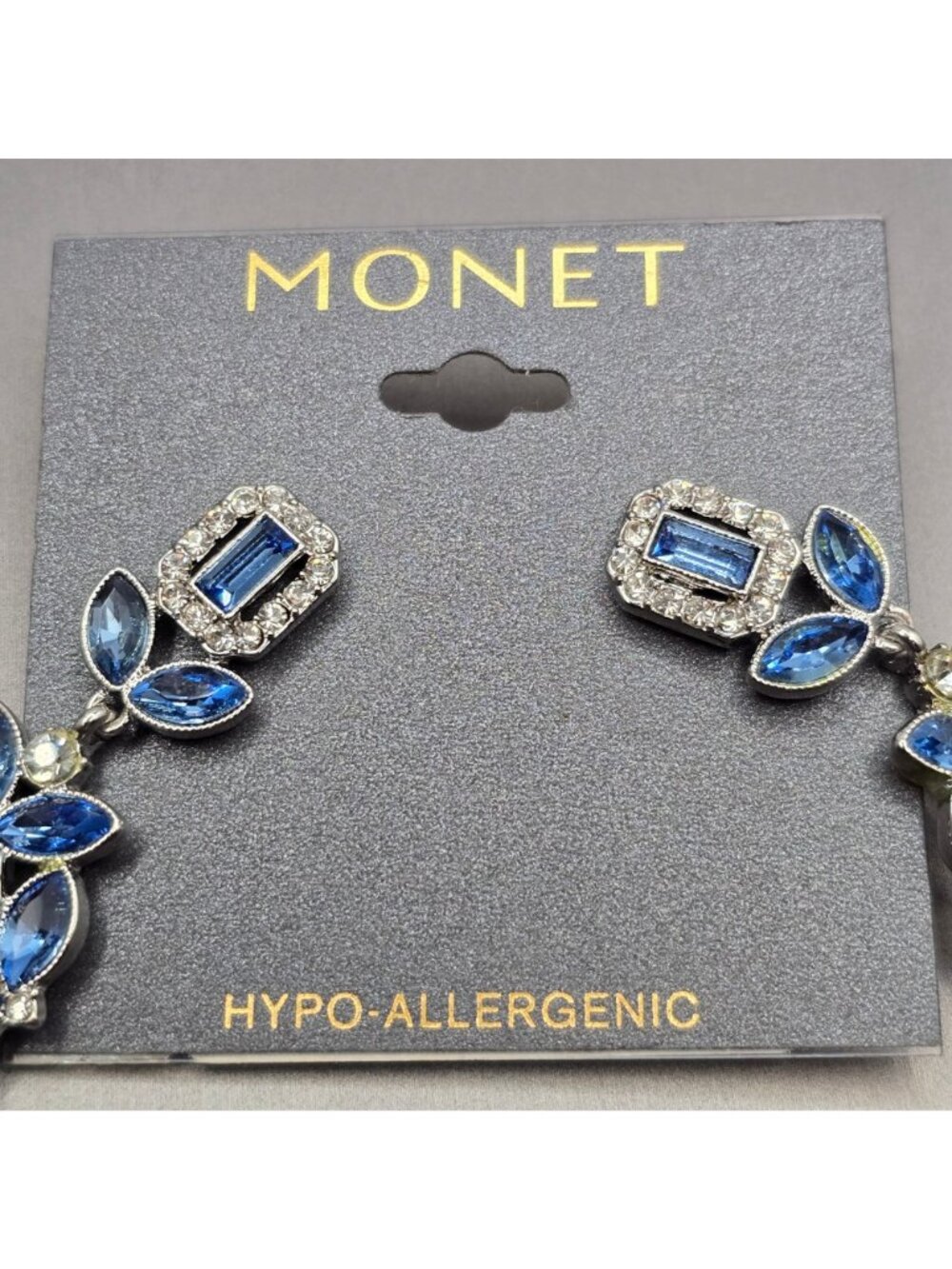 Monet Blue Chandelier Earrings Silver Tone Crystal Rhinestone Wedding Event 2.5" - Picture 3 of 6